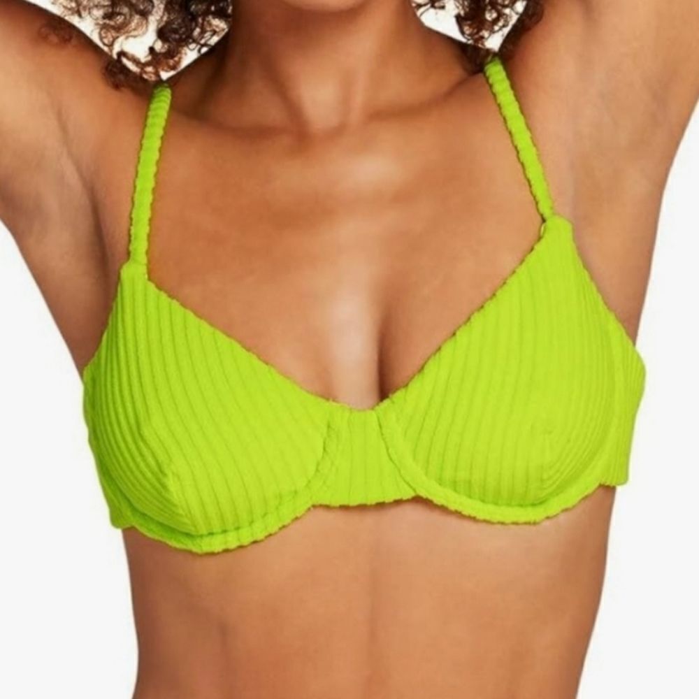 Andie Swim Women's The Bermuda Bikini Top Size M Neon Lemon Green Rib Terry